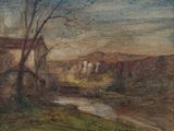 une image représentant un tableau représentant un paysage avec une rivière au premier plan et un bâtiment à l'arrière-plan