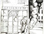 drawing of a man standing in front of a building with a horse in front of it