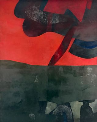 abstract painting of a red, black, and blue painting of a horse