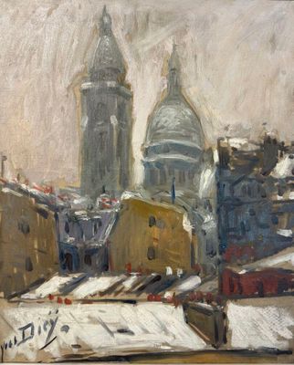 une peinture à l'huile représentant une vue de ville avec une église en arrière-plan