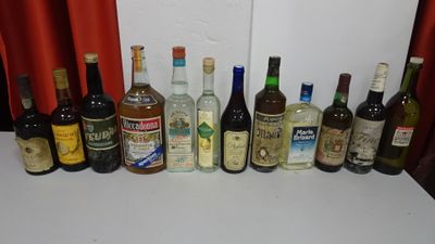 many bottles of alcohol lined up on the counter