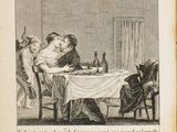 un vieux livre sur lequel figure l'image d'un homme et d'une femme assis à une table