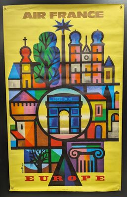 an image of a yellow poster with a picture of a city