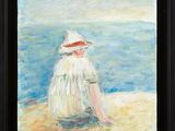 une peinture à l'huile représentant une femme assise sur la plage, coiffée d'un chapeau
