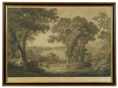 une image représentant un tableau représentant un paysage boisé avec une calèche