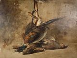 a painting of a dead bird hanging from a hook