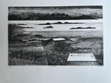 a black and white drawing of a pool in the middle of a beach