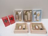 three boxes with different types of skin care products on a table