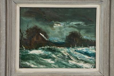 une image représentant un tableau d'un bateau sur une mer agitée