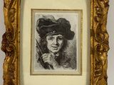 an old picture of a man with a hat and a pipe