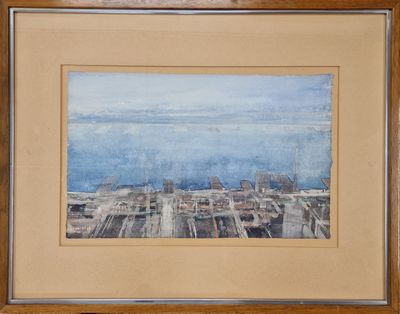 une image d'une peinture d'une ville au bord de l'eau