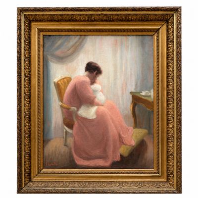 an image of a painting of a woman in a pink dress sitting in a chair