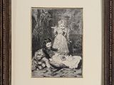 painting of a woman and two children in a wooded setting