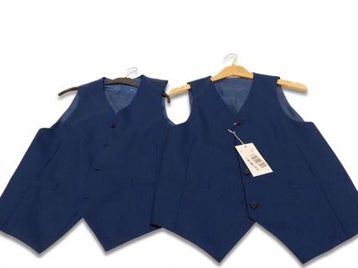 two blue vests hanging on a hanger on a white background