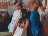 une peinture représentant un groupe de personnes dans une pièce