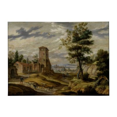 l'image d'un tableau représentant un paysage avec un château au loin