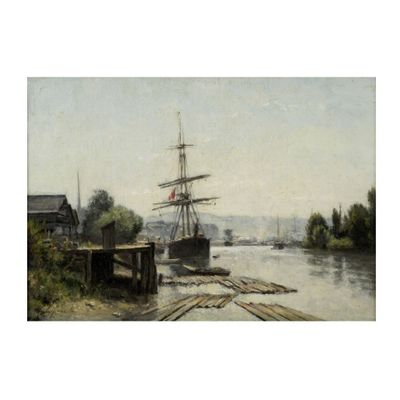 l'image d'une peinture représentant un bateau dans un plan d'eau