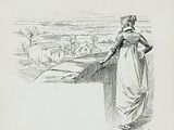 drawing of a woman standing on a ledge overlooking a city