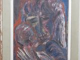 tableau représentant un homme et une femme dans un cadre sur fond rouge