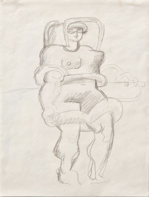 pencil drawing of a man sitting in a chair with his arm around a woman ' s back