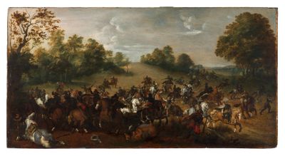 an image of a painting of a large group of people on horses