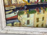 a picture of a painting of boats in a harbor