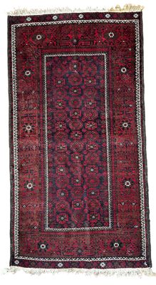 TAPIS BOUKHARA en laine nouée main à fond noir et décor de g…