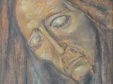 peinture représentant le visage d'une femme, réalisée au pastel sur papier