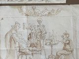 three drawings of people sitting at a table with a dog