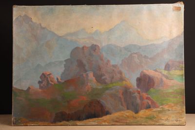 an oil painting of a mountain scene with rocks in the foreground and a sky in the background