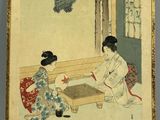painting of two women sitting on a bench playing a game of checkers