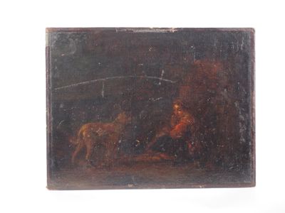 une image représentant un tableau où l'on voit un homme et un chien dans une étable