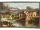 une image représentant un tableau d'un château au bord d'une rivière