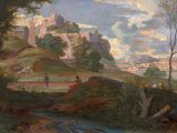 painting of a landscape with a river and a castle in the distance