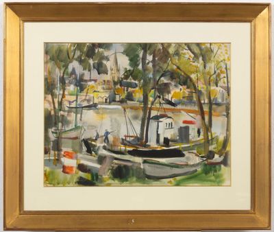 Jean HOURREGUE (1925-1983). Port en bordure de rivière?