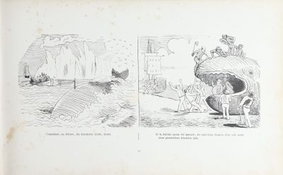 deux pages d'un livre comportant des illustrations de personnes et d'animaux