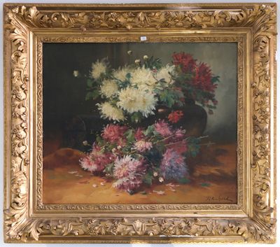 a painting of flowers in a vase on a table