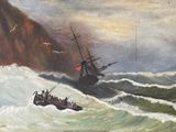a painting of a boat in the middle of a large wave
