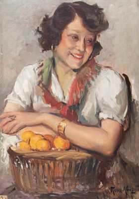 tableau représentant une femme tenant un panier d'oranges posé sur une table