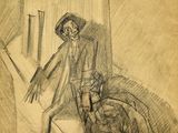 dessin représentant un homme coiffé d'un chapeau, adossé à un mur à côté d'une chaise