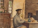 a painting of a man sitting at a table eating