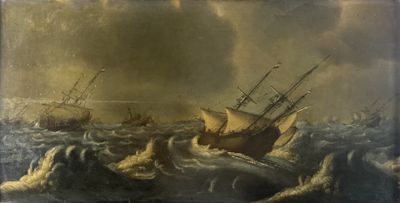 an old painting of a ship in a rough ocean with other ships in the background