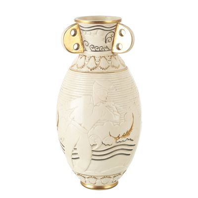 a white vase with a gold handle on a white background