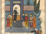 un vieux tableau représentant un homme debout devant un bâtiment