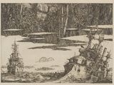 un dessin représentant un bateau dans l'eau