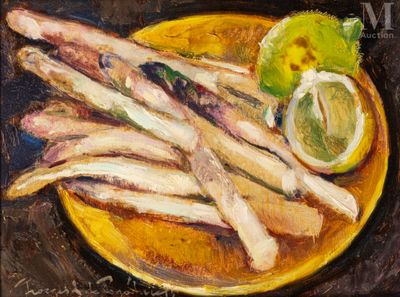 une peinture à l'huile représentant une assiette de poisson et de citrons posée sur une table
