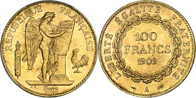 a gold coin with an image of a man holding a sword