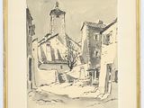 an image of a drawing of a village with a clock tower in the background