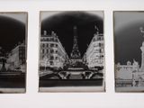 three black and white photographs of a city street with a fountain