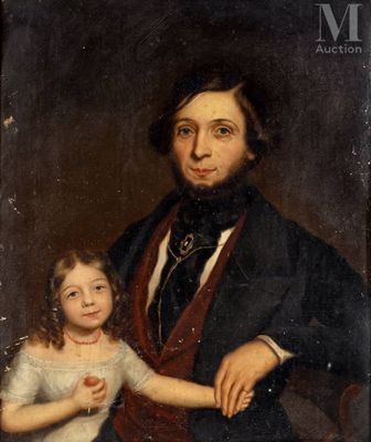 an old painting of a man and a little girl holding hands